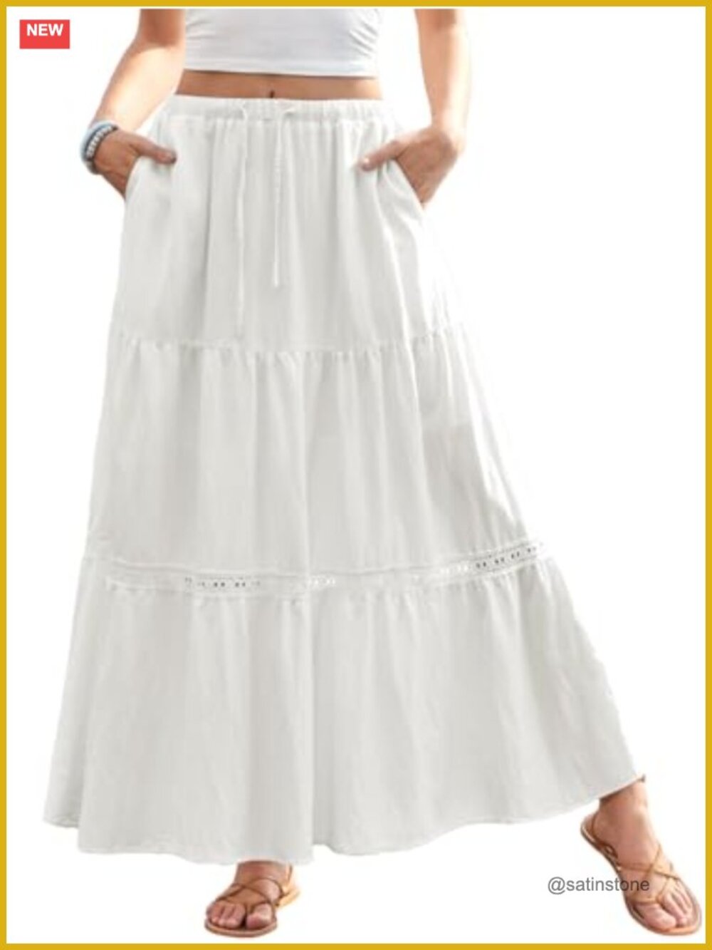 Boho Lace Trim Maxi Skirt High Waisted Tiered Flowy Long Skirts with Pockets